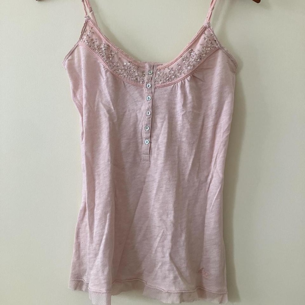 Vintage Abercrombie embellished sequin pink Henley tank